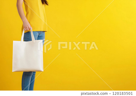 A girl in trendy clothes holds an empty tote bag, ideal for branding or design against a vibrant backdrop. A girl in trendy clothes holds an empty tote bag, ideal for branding or design against a vibrant backdrop. 120183501