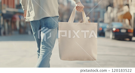 A person strolls casually with a canvas tote bag in hand on a sunny street. 120183522