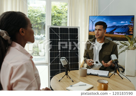 Man Telling About The Work Of Energy System At Interview Man Telling About The Work Of Energy System At Interview 120183590
