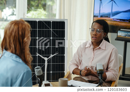 Woman Talking To Journalist At Conference Woman Talking To Journalist At Conference 120183603