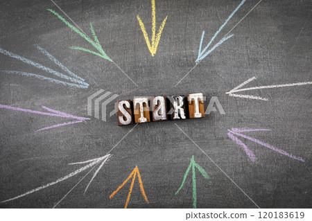 START. Text and directional arrows on a dark board START. Text and directional arrows on a dark board 120183619