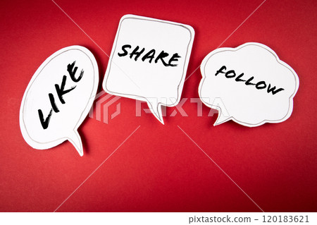 Social Media Marketing. Like Share and Follow. Speech bubbles on a red background Social Media Marketing. Like Share and Follow. Speech bubbles on a red background 120183621