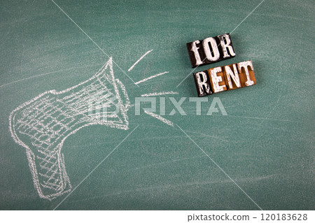 For Rent. Text and a drawn speaker on a green chalkboard For Rent. Text and a drawn speaker on a green chalkboard 120183628