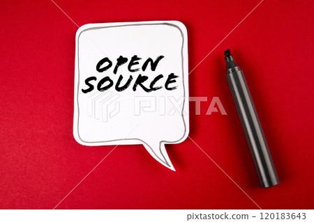 Open Source. Speech bubble and black marker on red background 120183643