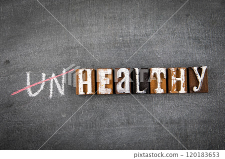 Unhealthy an Healthy concept. Wooden alphabet letters with text on a dark chalk board 120183653