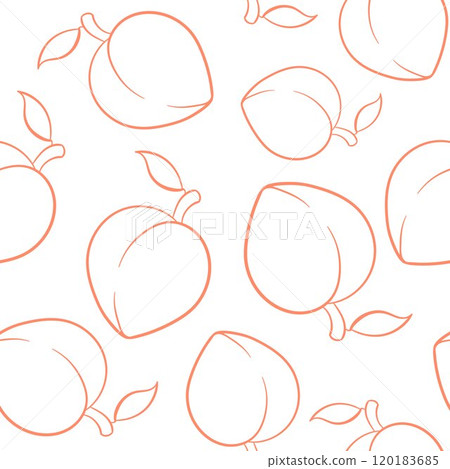 Peach or apricot seamless pattern in line art style. Summer tropical design for label, wallpaper, packaging. Vector illustration on a white background. Peach or apricot seamless pattern in line art style. Summer tropical design for label, wallpaper, packaging. Vector illustration on a white background. 120183685