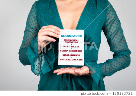 MENOPAUSE. Woman holding a note sheet with information 120183721