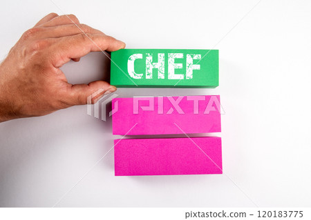 Chef. Different colored blocks and a man's hand on a white background Chef. Different colored blocks and a man's hand on a white background 120183775