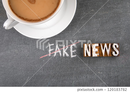 Fake News concept. Coffee cup on a dark chalk board Fake News concept. Coffee cup on a dark chalk board 120183782
