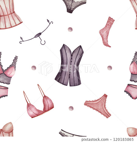 Seamless white pattern underwear and underclothes. Watercolor illustration. Can use with wrapping paper, booklets, postcards, website, packages in lingerie stores, to design a page on social networks 120183865