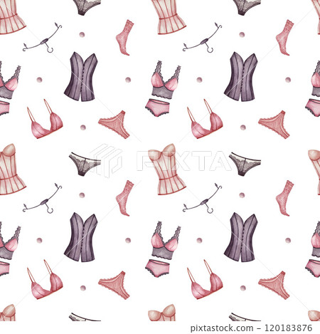 Seamless white pattern underwear and underclothes. Watercolor illustration. Can use with wrapping paper, booklets, postcards, website, packages in lingerie stores, to design a page on social networks 120183876