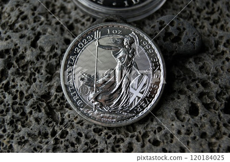 Silver coin on stones. Pure silver Investment coin 2 Pounds.  120184025