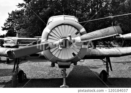 Black and white image. Aircraft propeller. Front view of an old airplane. 120184037