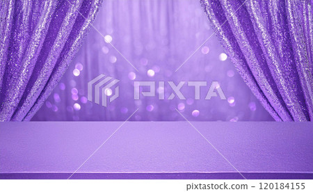 Purple table and sparkly glitter curtain background 120184155