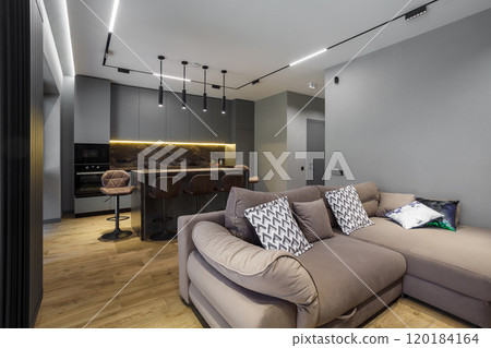 Trendy renovation of kitchen and living room interior with gray wall, sofa, kitchen island. 120184164