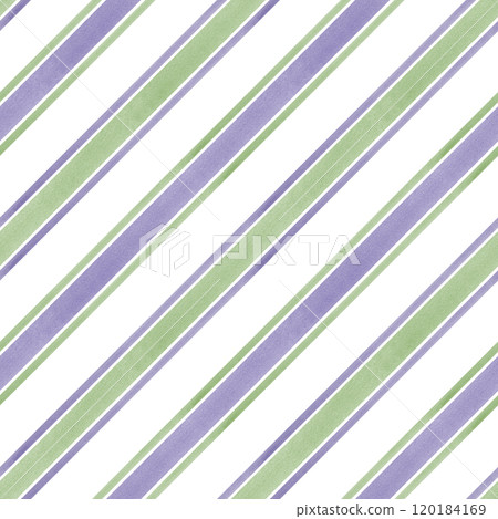 Watercolor diagonal parallel wide and narrow pastel green purple stripes seamless pattern. Hand painted geometric simple ornate illustration for interior design, package paper, decor 120184169