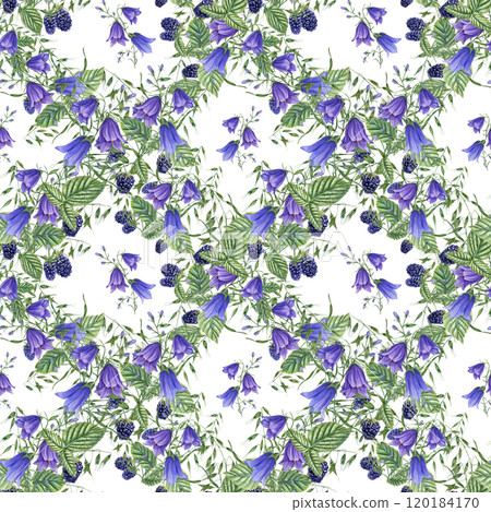 Summer boysenberries, blue harebells, wild herbs watercolor seamless pattern. Forest blackberries with meadow flowers ornate illustration for wrapping, poster, kitchen canvas, package decor 120184170