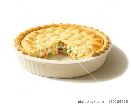 Potato Pie A rich and savory pie filled with mashed potatoes, cheese, and vegetables, baked in a buttery crust. 120184318