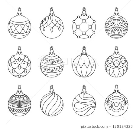 Vector set christmas ball doodle style. Hand drawn black and white isolated globe coloring page Vector set christmas ball doodle style. Hand drawn black and white isolated globe coloring page 120184323