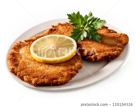 Wiener Schnitzel crispy golden breaded veal cutlet with fresh lemon wedge and sprig of parsley Wiener Schnitzel crispy golden breaded veal cutlet with fresh lemon wedge and sprig of parsley 120184326