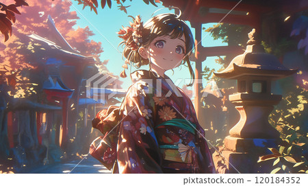 秋天寺廟裡穿和服的女孩風景 120184352