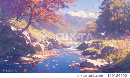 秋天河邊的秋葉蔓延的美景 120184390