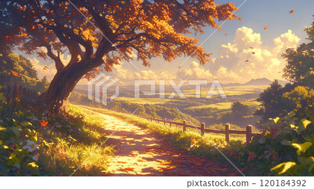 秋天的光和陽光透過樹林包裹著鄉村景觀 120184392