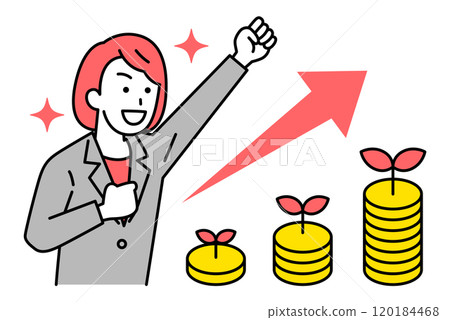 身穿西裝的女人對自己不斷增加的資產感到高興,並揮舞著拳頭。 身穿西裝的女人對自己不斷增加的資產感到高興,並揮舞著拳頭。 120184468