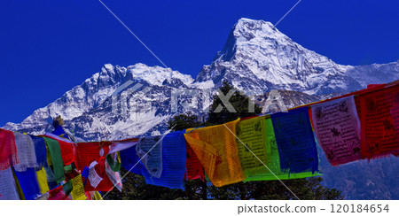 Prayer Flags, Annapurna Range, Himalaya 120184654
