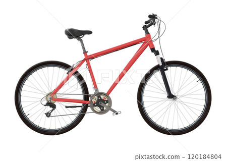 Red bicycle, side view. Black leather saddle and handles. Png clipart isolated on transparent background 120184804