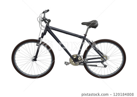 Black bicycle, side view. Black leather saddle and handles. Png clipart isolated on transparent background 120184808