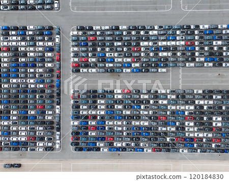 New Cars on Parking Lot in Port. Aerial High Angle Drone Shot New Cars on Parking Lot in Port. Aerial High Angle Drone Shot 120184830