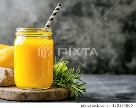 Glass jar of fresh orange juice with a striped straw Glass jar of fresh orange juice with a striped straw 120184860