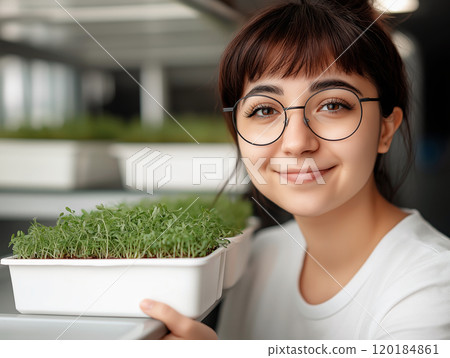 Young woman with glasses smiling while holding a tray of fresh microgreens Young woman with glasses smiling while holding a tray of fresh microgreens 120184861