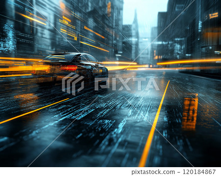 Futuristic car speeding through a rainy city street 120184867