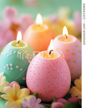 Colorful egg-shaped candles with floral decorations burning amidst spring flowers Colorful egg-shaped candles with floral decorations burning amidst spring flowers 120184868