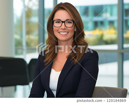 Confident businesswoman in glasses smiling in a modern office environment Confident businesswoman in glasses smiling in a modern office environment 120184869