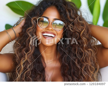 Smiling woman with curly hair wearing round sunglasses 120184897