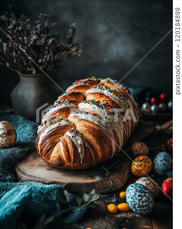 Traditional braided Easter bread with icing and colorful sprinkles Traditional braided Easter bread with icing and colorful sprinkles 120184898