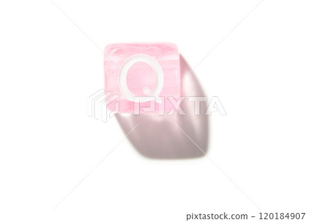 Pink transparent letter q block isolated on white background with shadow 120184907