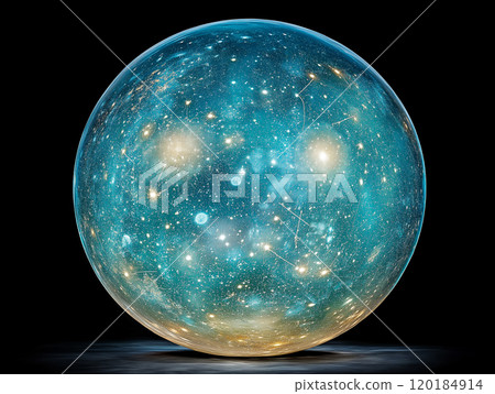 A luminous sphere filled with stars and constellations, resembling a cosmic globe 120184914