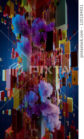 Vibrant Ascendance: Abstract Cubes and Swirling Purple Clouds in Blue Bliss 120184931