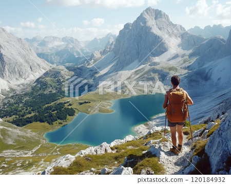 A hiker with a backpack stands on a rocky trail, overlooking turquoise alpine lakes and rugged mountain peaks A hiker with a backpack stands on a rocky trail, overlooking turquoise alpine lakes and rugged mountain peaks 120184932