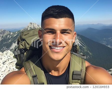 Smiling young man with a military-style backpack takes a selfie on a mountain summit Smiling young man with a military-style backpack takes a selfie on a mountain summit 120184933