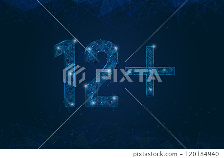 Abstract isolated blue image of 12 plus only censored. Polygonal low poly wireframe illustration looks like stars in the black night sky in space or flying glass shards. 120184940