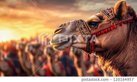 Decorated Camel in Traditional Harness at Sunset 120184957