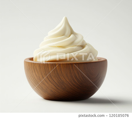 Creamy Soft Serve in Wooden Bowl Isolated on White Background Creamy Soft Serve in Wooden Bowl Isolated on White Background 120185076