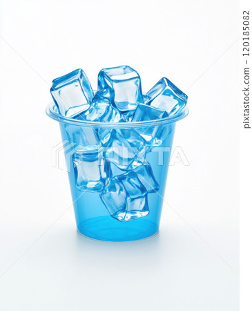 Blue Plastic Cup with Ice Cubes on White Background 120185082