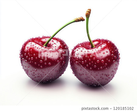 Fresh Red Cherries with Water Droplets Isolated on White 120185102