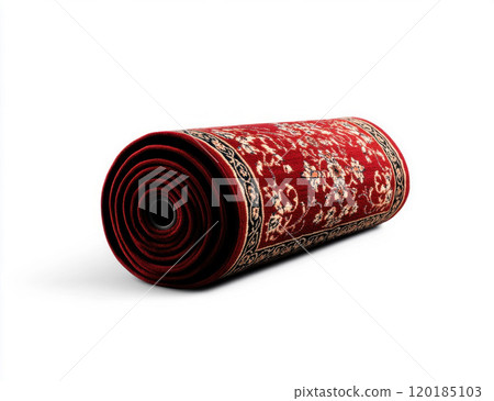 Rolled Red Ornamental Carpet on White Background 120185103